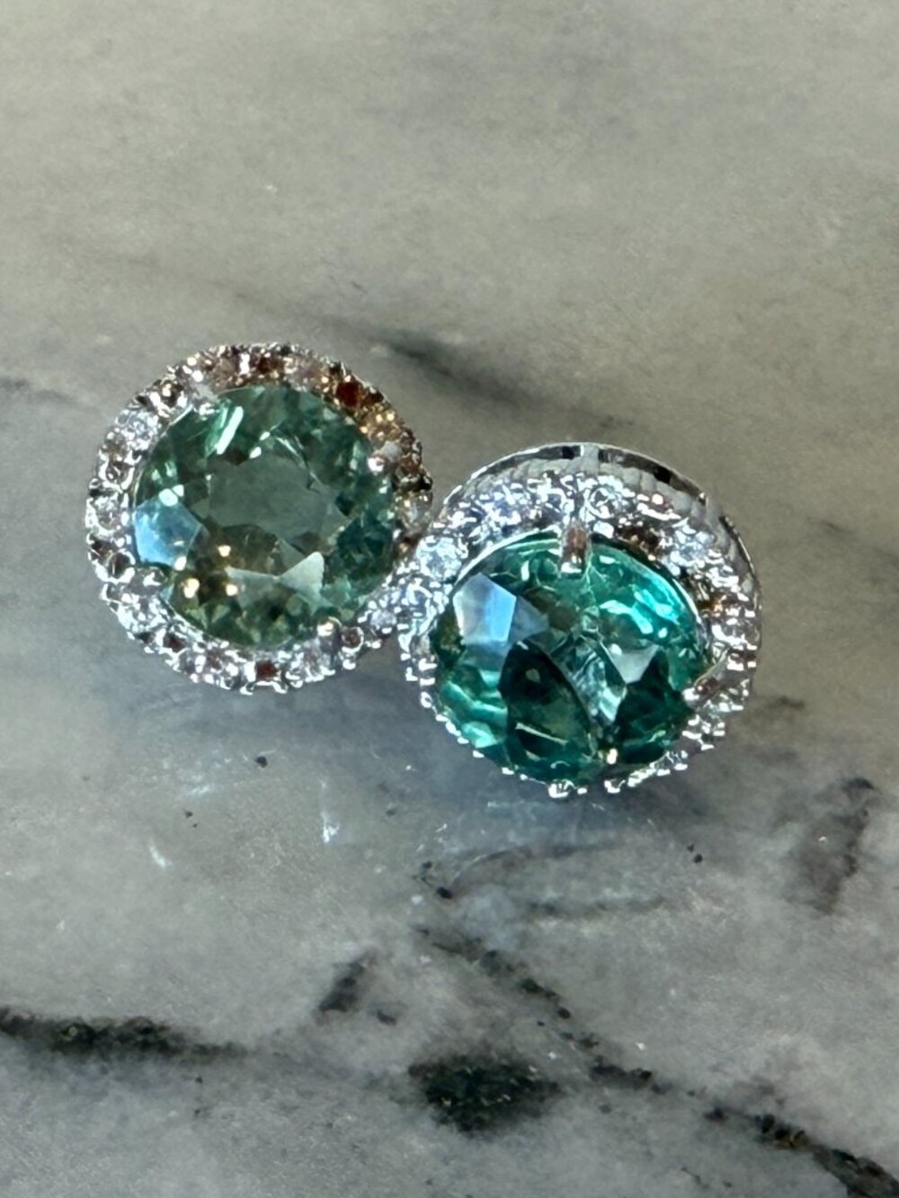 Beautiful Large Green Fluorite & White Zircon Sterling Silver Stud Earrings